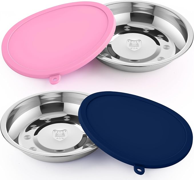 Patelai Stainless Steel Dog Bowls with Silicone Lids for 1.9 Cups Portable Food and Water Dishes for Pets Sealable Containers for 6.3" for Cats & Small Dogs(4 Pcs,Dark Blue,Pink)