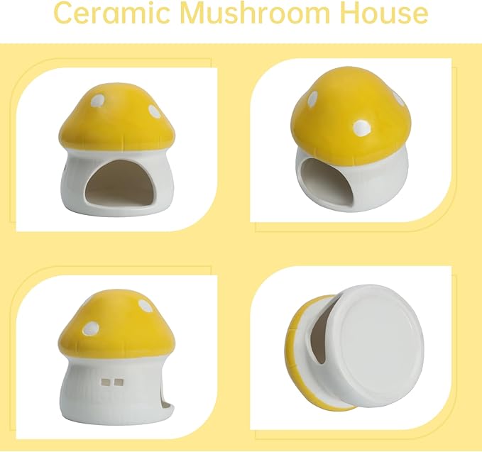 AnRui Ceramic Mushroom Aquarium Decor Cute Mini House Betta Fish Tank Accessories Decoration Hideaway Hideout Cave Ornament for Small Fish, Shrimp, Goldfish and Reptiles (Yellow, Large)