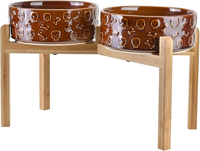 SPUNKYJUNKY Elevated Dog Bowls Ceramic, 8.3'' Dogs Food Water Bowls Raised with Non-Slip Bamboo Stand for Large Sized Breed Microwave Dishwasher Safe - 60 OZ,Skull Bronze
