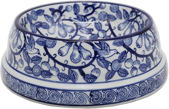 Aimusego Blue and White Vintage Ceramic Dog Bowl for Pet Owners, Anti-Skid Base Medium Large Water and Food Pet Cat Dish-9inch