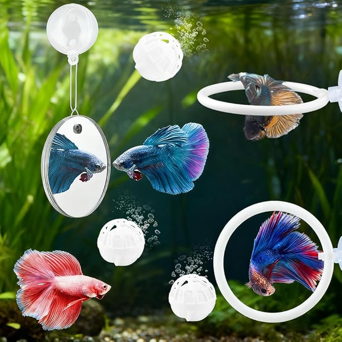 2pcs Bettas Fish Enrichment Toys Ring with Mirror & 2 Bio Filter Balls Betas Exercise Loop Toys Bett a Fish Exercise Ring Suitable for Fishs Tank, Aquarium(Color:White)