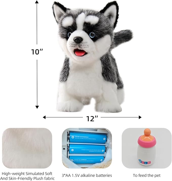 CU-MATE Plush Interactive Simulation Dog-Realistic Puppy Electronic Toy Dog Cat with Walking/Barking/Wagging Tail/Talking-Like Real Robotic Present (Electric Husky)
