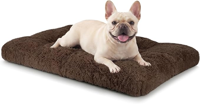 JOEJOY Dog Bed Crate Pad, Deluxe Plush Washable Dog Beds Fulffy Soft Kennel Pad Anti-Slip Pet Sleeping Mat for Medium Small Dogs, 29" x 21", Brown