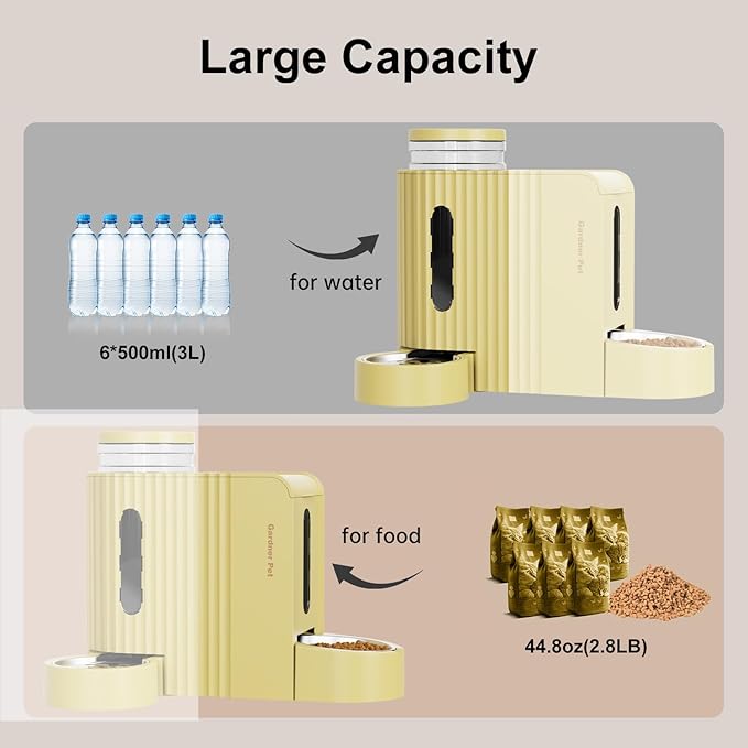 Distributeur automatique de nourriture et d'eau 2-en-1 Gardner Pet, capacité de 3 litres*2, pour chats et chiens, sans BPA, gamelle d'eau en acier inoxydable pour chiens, chats, lapins, chiots (jaune)