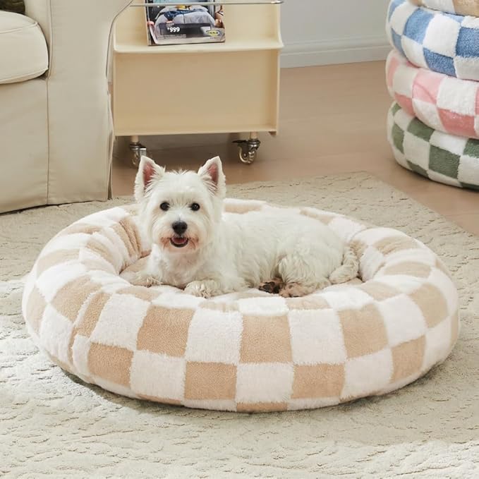 Ohocut Checkered Dog Bed, Cute Beige Khaki Retro Style Aesthetic Round Warming Pet Calming Beds for Small Dog and Cats, Plush Cozy Donut Dog Beds Washable, 30" L x 30" W x 8" Th