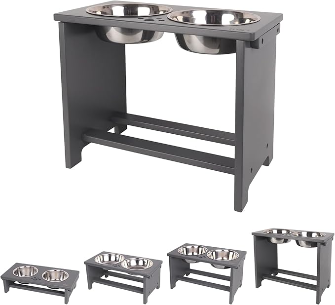 HTB Elevated Dog Bowl Stand with 2 Stainless Steel Bowls-14 H X-Large Grey | Raised Dog Bowl Stand, 14"tall, 48 Oz Bowls, for Large Sized Dogs, Pet-safe, Solid Bamboo