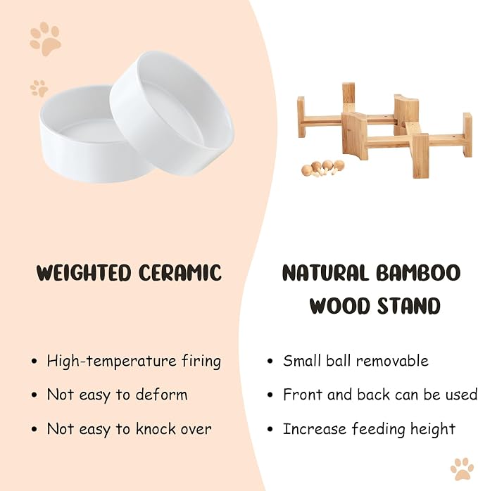 SPUNKYJUNKY 15° Slanted Ceramic Dog and Cat Bowl with Wooden Stand, Tilted Bulldog Food and Water Bowl No Slip Non-Spill for Cats Medium Dogs Big Face Pets 28.7 OZ (3.6 Cups, White × 2)