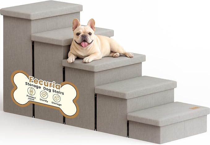 5-Step Wide Dog Stairs with Storage 23" H, Non-Slip Sturdy Pet Steps for High Bed Couch Window, Pet Stairs for Small/Medium/Large Old Dogs Cats Up to 260lbs, Cat Dog Steps for Car/SUV, Grey