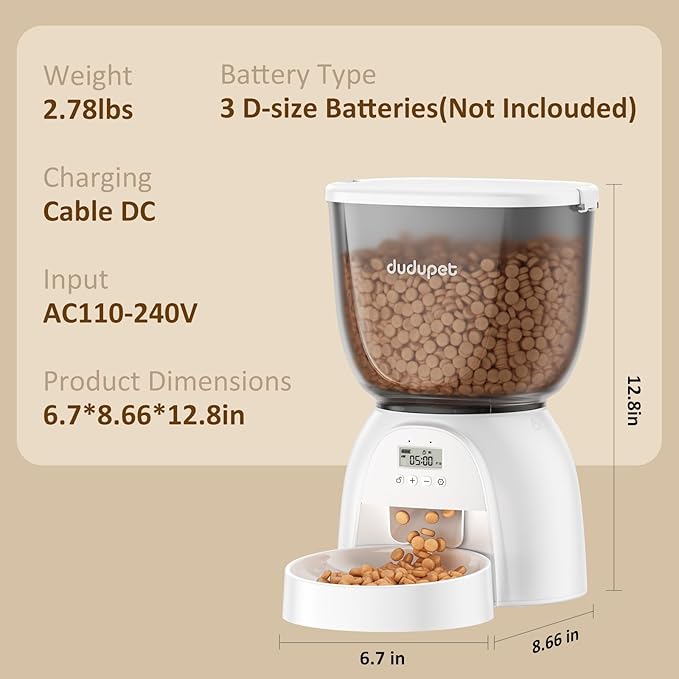 Distributeur Automatique de Croquettes pour Chat 5L/21 Tasses, Programmable avec Minuteur, Double Alimentation, 6 Repas et 1 à 20 Portions, pour Chats et Chiots