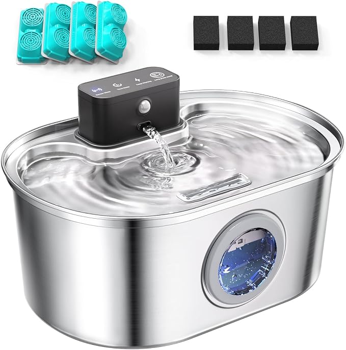 Cordless 3.2L/108oz Stainless Steel Cat Water Fountain Pet Fountain | Rechargeable Pet Water Dispenser - Motion Sensor Activation - Multi-Layer Filtration - Ultra-Quiet Pump (4 Filters)