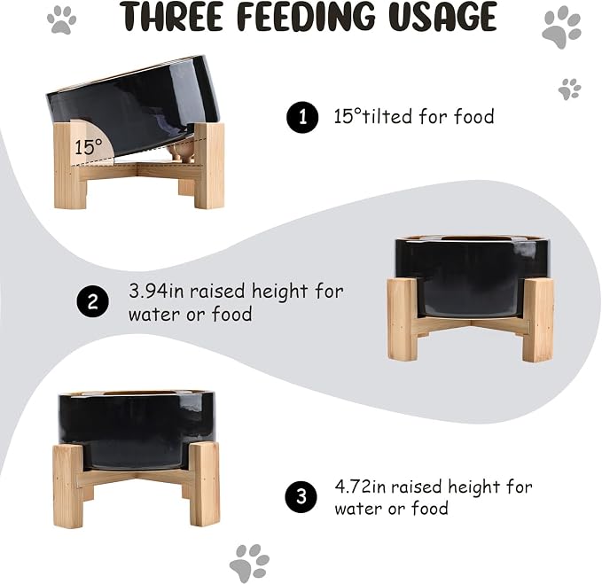 SPUNKYJUNKY 15° Slanted Ceramic Dog and Cat Bowl with Wooden Stand, Tilted Bulldog Food and Water Bowl No Slip Non-Spill for Cats Medium Dogs Big Face Pets 28.7 OZ (3.6 Cups, Starry Blue)