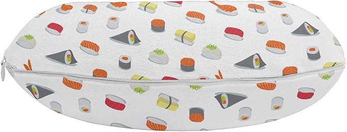 Ambesonne Sushi Travel Pillow Neck Rest, Traditional Japanese Dishes Concept Veggie Stuffed Sushi Rolls and Cavier Pattern, Memory Foam Traveling Accessory for Airplane and Car, 12", Orange Grey