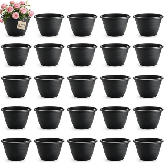 RooTrimmer 25 Pack 10 Inch Plant Pots with Drainage Holes,Black Plastic Flower Pots for Indoor & Outdoor Plants,Durable Lightweight Planters for Flowers,Herbs & Gardening