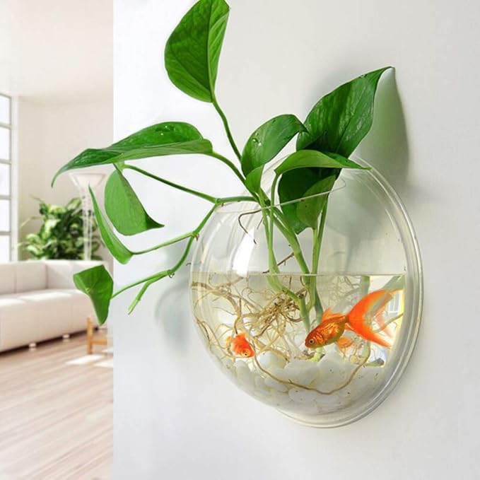 Aquarium Wall Mounted Plant Bowl - 6 Inch Round Acrylic Betta Fish Tank, Hanging Bubble Vase for Plant Propagation & Home Office Wall Decorations