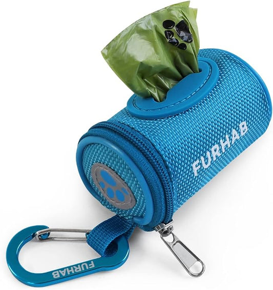 FURHAB Dog Poop Bag Holder for Leash Doggie Waste Bag Dispenser Soft Fabric Puppy Potty Carrier Small Doggy Zipper Pouch with Carabiner Clip 1680D Nylon Oxford with 1 Roll of Pet Trash Bags, Sky Blue