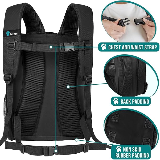 PetAmi Dog Backpack Carrier for Small Medium Dogs Large Cats up to 18 lbs, 2 Side Entry, Structured No-Collapse Frame, Airline Approved Ventilated Pet Backpack for Hiking Camping Travel Vet, Black
