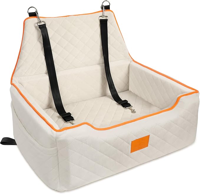 XIEEAOZEE Dog Car Seat for Large/Medium Pet Under 55Lbs or 2 Small Dogs | Detachable and Washable Booster Dog Seat Travel Pet Seat with Thick Cushion & Storage Pockets (Beige)