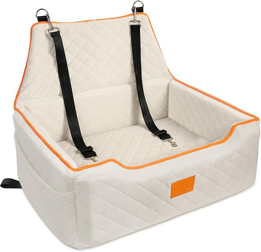 XIEEAOZEE Dog Car Seat for Large/Medium Pet Under 55Lbs or 2 Small Dogs | Detachable and Washable Booster Dog Seat Travel Pet Seat with Thick Cushion & Storage Pockets (Beige)