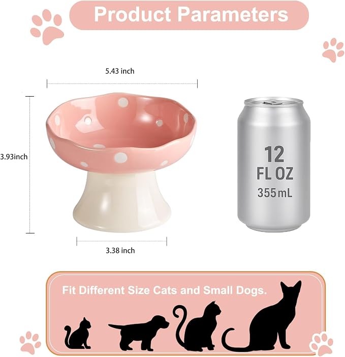 Pink Mushroom Cat Bowl, Elevated Ceramic Feeding Bowl | Elevated, Ceramic, Tilted Design, Whisker-Friendly, Dishwasher Safe, cute