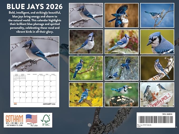 Blue Jay Calendar 2026 Wall Monthly Blue Jays Gifts For Blue Jay Lovers Women Men | American Made In The USA
