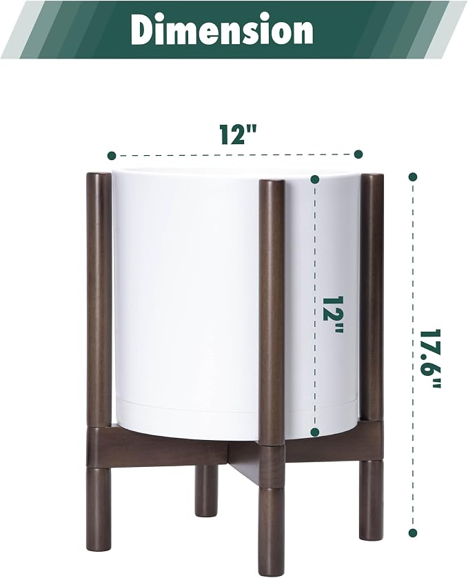 D'vine Dev Plastic Pot with Walnut Wood Stand, White, 12 in, 55-C-O-1 | Mid-Century Inspired Design, Elevated Plant Display, Clean Lines, Sturdy Support, Modern Space-Saving Style