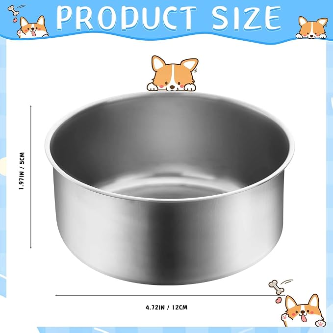 Zubebe 8 Pcs Stainless Steel Hanging Dog Crate Bowls, Non-Spill Kennel Food Water Bowls with Screw Clamp Attach Holders, Removable Mountable Metal Cage Feeder for Pet(19 oz)