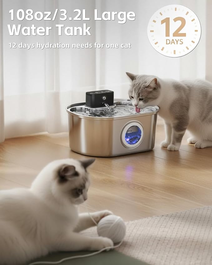 Cordless 3.2L/108oz Stainless Steel Cat Water Fountain Pet Fountain | Rechargeable Pet Water Dispenser - Motion Sensor Activation - Multi-Layer Filtration - Ultra-Quiet Pump