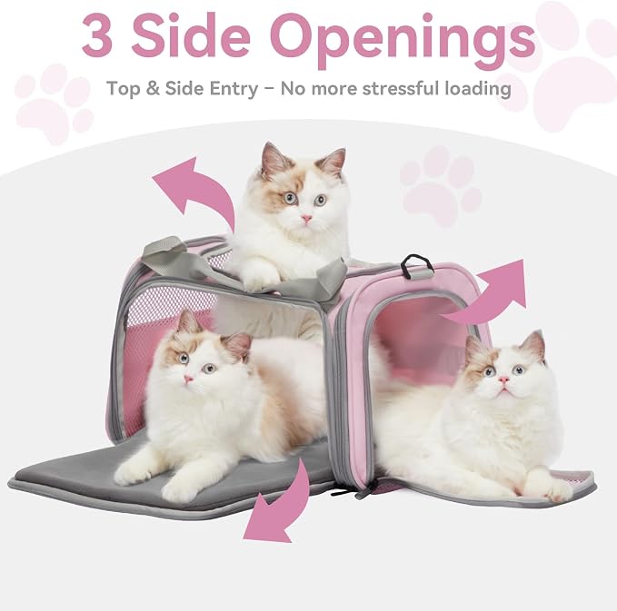 Petsfit Cat Carrier Airline Approved, 17.5×10.5×10.5 in, Pink | Escape-Proof Design with Locking Zippers & Safety Leash, Easy-Access 3-Way Entry, Washable Mat up to 12 lb