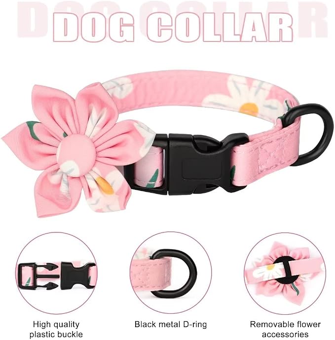 Beirui Cute Dog Collars,Harnesses,Leashes Set, Floral Pattern, Pink-1,XXS | Girl Dog Harness Set with Flower, Adjustable and Soft Mesh Lining, For Puppies Small & Extra Small Dogs Daily Walks