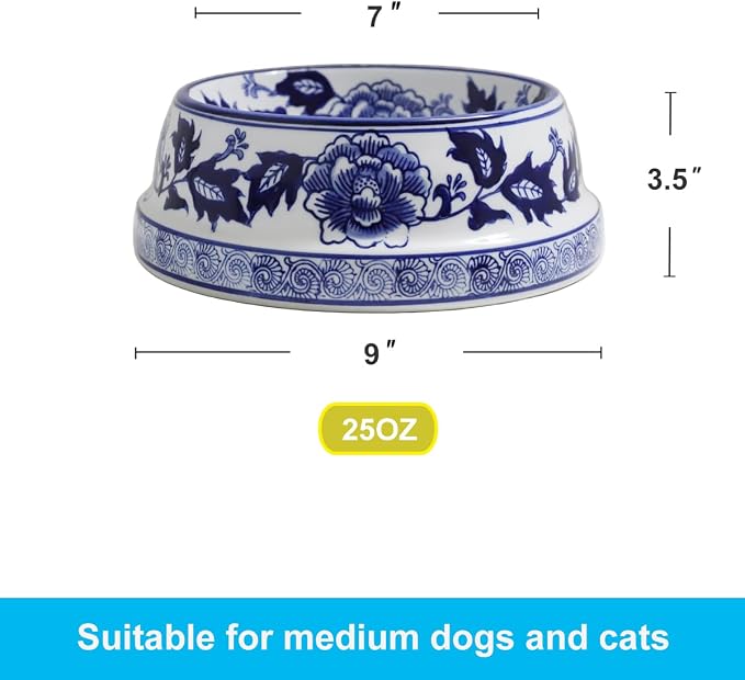 Aimusego Vintage Blue and White Chinoiserie Ceramic Cat Food Bowls Cat Bowls/Dishes for Food and Water,Dog Feeding Bowls, Dishwasher Safe 25OZ