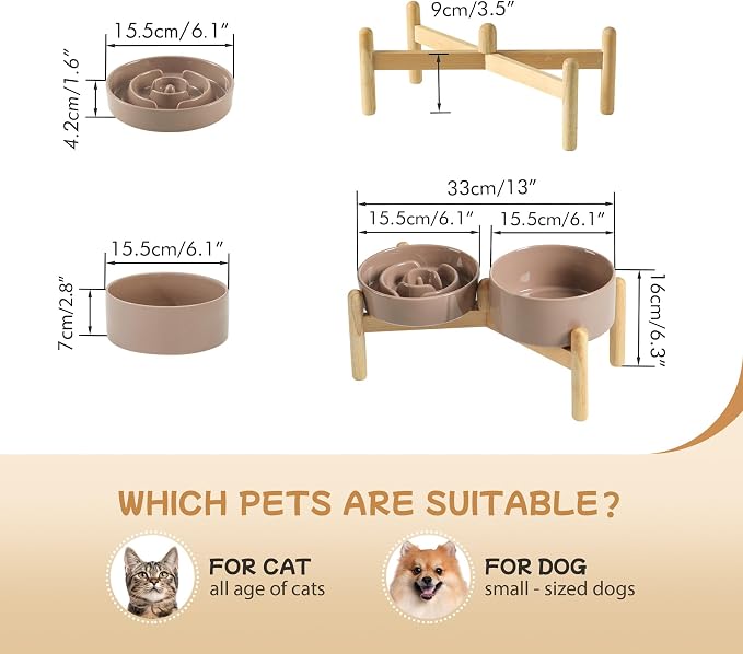 Havniva Elevated Slow Feeder Dog Bowls, Ceramic Dog Bowl Slow Feeder Set | 0.9 Cups Raised Slow Feeder Dog Bowl for Small Breed, 6.1” Dog Water Bowl with Wooden Stand, Puzzle Dog Food Bowl, Non-slip