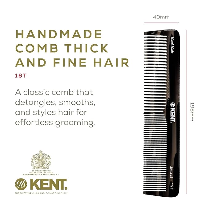 Kent 16T-16TG Fine Tooth and Wide Tooth Comb for Daily Grooming, Handmade Styling Comb for All Hair Types, Styling and Detangling Combs for Men and Women