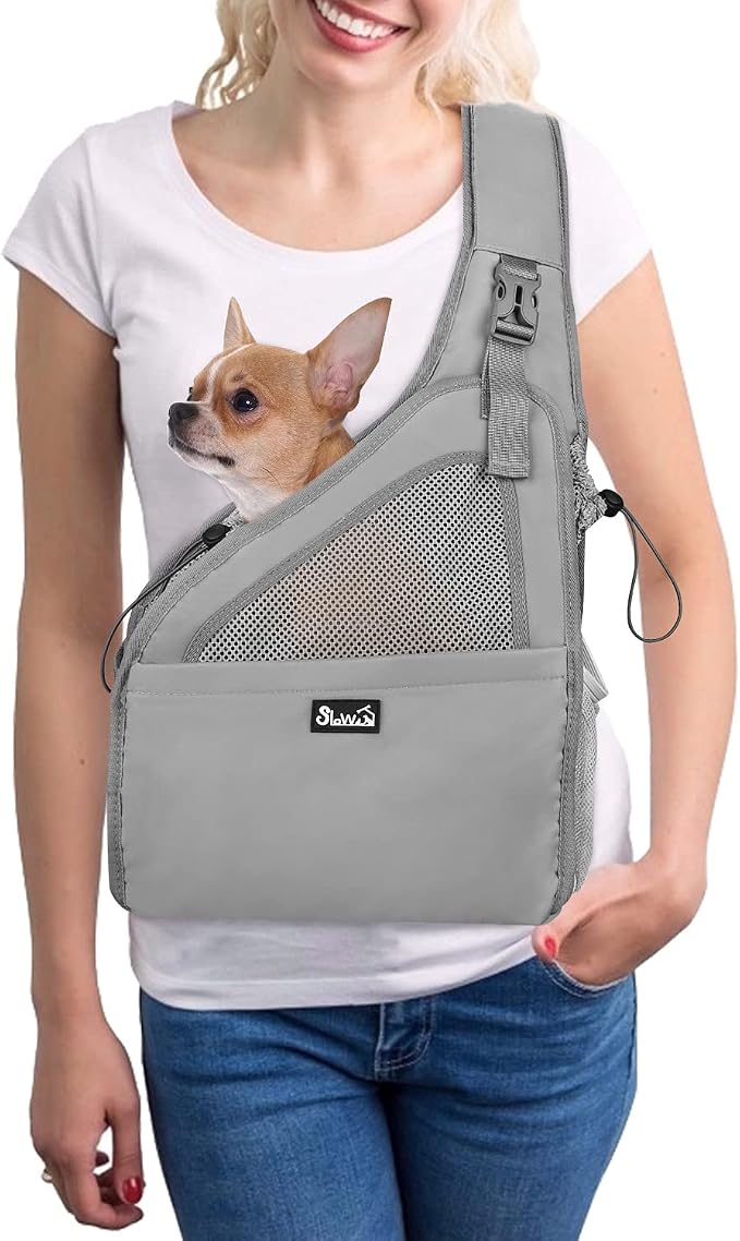 SlowTon Dog Sling Carrier, Hands Free Hard Bottom for Small Dogs up to 6 lb | Breathable Mesh Support, Adjustable Padded Strap, with Pocket Safety Belt, Machine Washable, for Small Animal Puppy, Grey