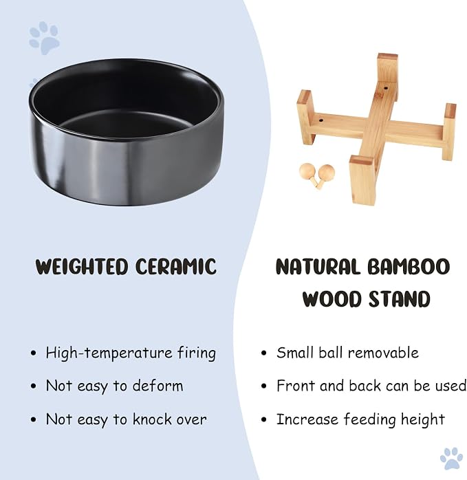SPUNKYJUNKY 15° Slanted Ceramic Dog and Cat Bowl with Wooden Stand, Tilted Bulldog Food and Water Bowl No Slip Non-Spill for Cats Medium Dogs Big Face Pets 28.7 OZ (3.6 Cups, Black)