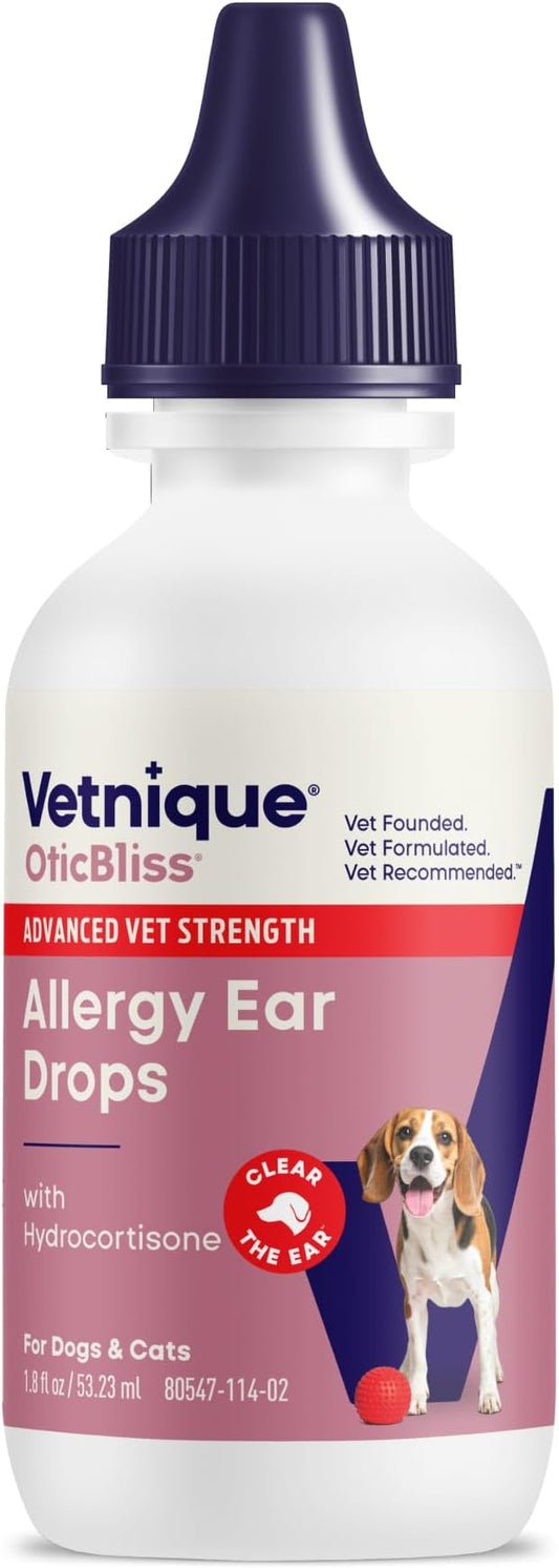 Vetnique Oticbliss Cat & Dog Ear Infection Treatment | Dog Ear Allergy Relief Drops, MicroSilver Yeast Infection Treatment for Dogs, Hydrocortisone for Itching, Redness Swelling (Ear Allergy Drops)
