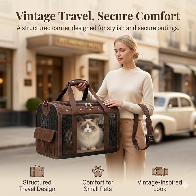 Pet Carrier for Small Medium Cats Dogs Puppies Up to 20lbs, Soft Sided Collapsible Cat Dog Carrier, Stable Durable Vintage Style Travel Bag for Shopping, Street Photos, Pet Cafe