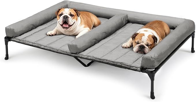 Veehoo Elevated Dog Bed for 2 Dogs, Cooling Raised Dog Bed with Bolster Mat | Outdoor Double Dog Bed with Removable Waterproof Cushion, Breathable Mesh, Non-Slip Feet for Outdoor & Indoor, 53", Grey