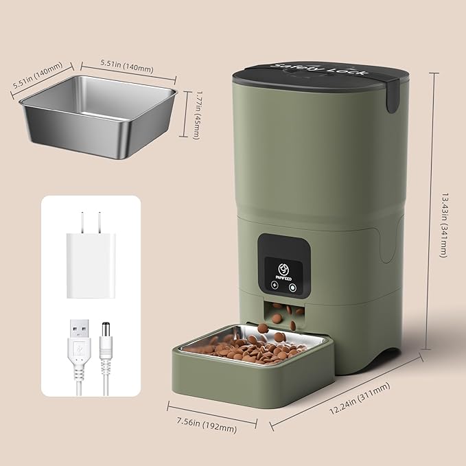PAPIFEED Automatic Cat Feeder Upgrade, WiFi Pet Feeder with APP Control for Remote Feeding, Detachable for Easy Clean, Dual Power Supply,1-10 Meals Per Day for Multiple Pets (Greener)