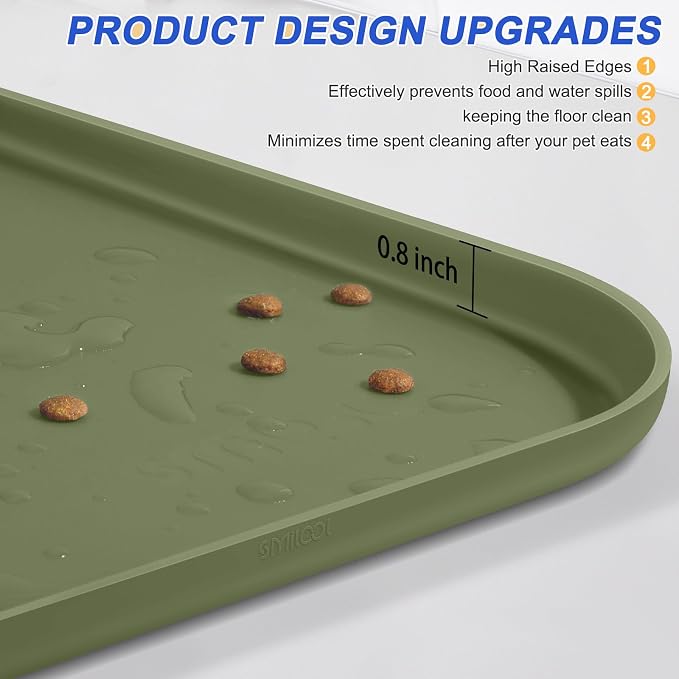 SMILOOL Waterproof Silicone Pet Food Mat with Raised Edge for Dog & Cat | 22" x 14" Non-Slip Pet Feeding Mats with Lip for Food & Water Bowl, Food Grade, Easy Cleaning, Light Olive Green
