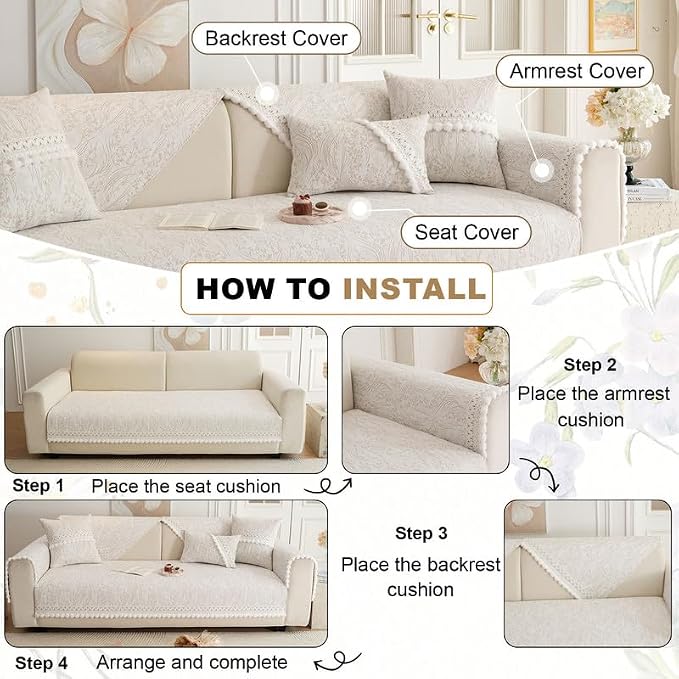 HANDONTIME Chenille Pet Couch Cover Floral Pattern – Soft Fringed Edges, Non-Slip Washable Sofa Slipcover, Jacquard Sofa Cushion Cover, Protects Furniture from Dogs, Cats & Kids (Khaki,35.4" x 70.9")