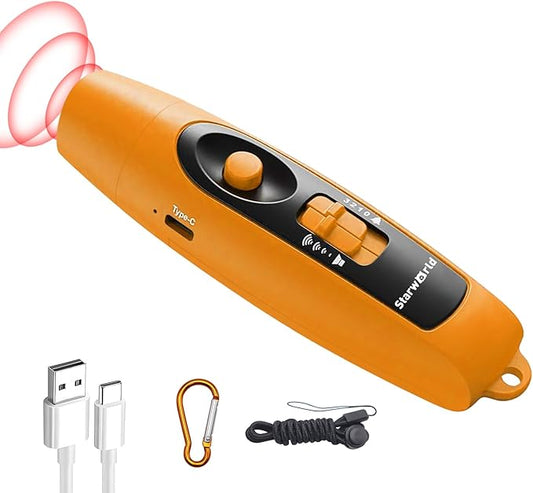 StarWorld Rechargeable Bear Horn - 120dB Electronic Air Horn for Bears with 4 Volume Levels & 3 Tones, Audible 0.5 Miles, LED Safety Light for Hiking, Camping, Wildlife Defense (Orange)
