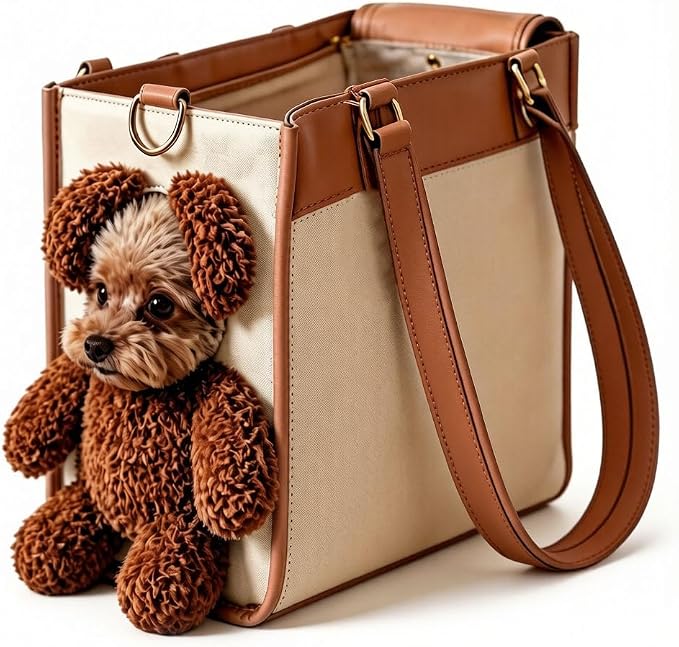 Teddy Bear Dog Carrier Bag, Teddy Carrier Bag for Dogs and Cats, Portable PU Leather Shoulder Tote with Plush Ears, Portable Convenient，White Brown Color Scheme M