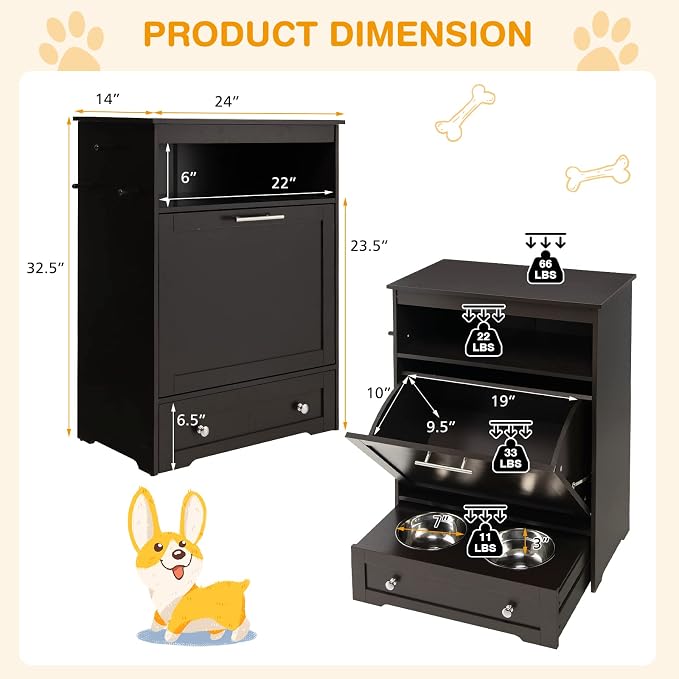 Tangkula Pet Feeder Station, Dog Food Storage Container With Double Pull Out Bowls, Food Toy Organizer Cabinet, Feeding Station Furniture for Dogs Cats Feeding & Watering Supplies (Brown)