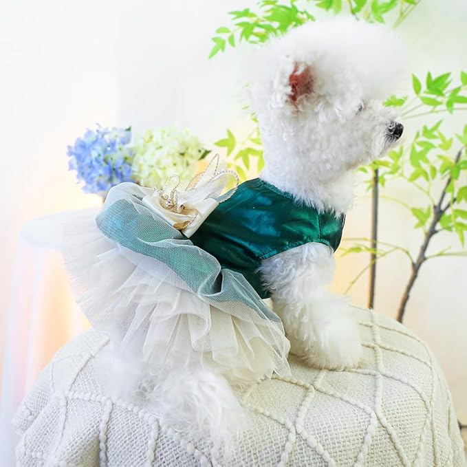 ANIAC Retro Dog Tulle Dress with Leash Ring Spring Summer Girl Puppy Clothes for Small Dog Cat Apparel Formal Pet Prom Dress for Christmas Wedding Birthday Valentines (Green,Large)