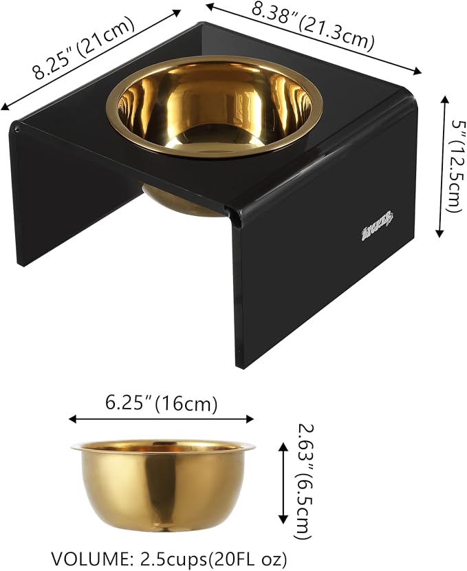 DBL2002B Keaton 5" Small/Medium Modern Acrylic Rectangular Elevated Pet Feeder with 20oz 1-Stainless Steel Bowl, Black/Gold