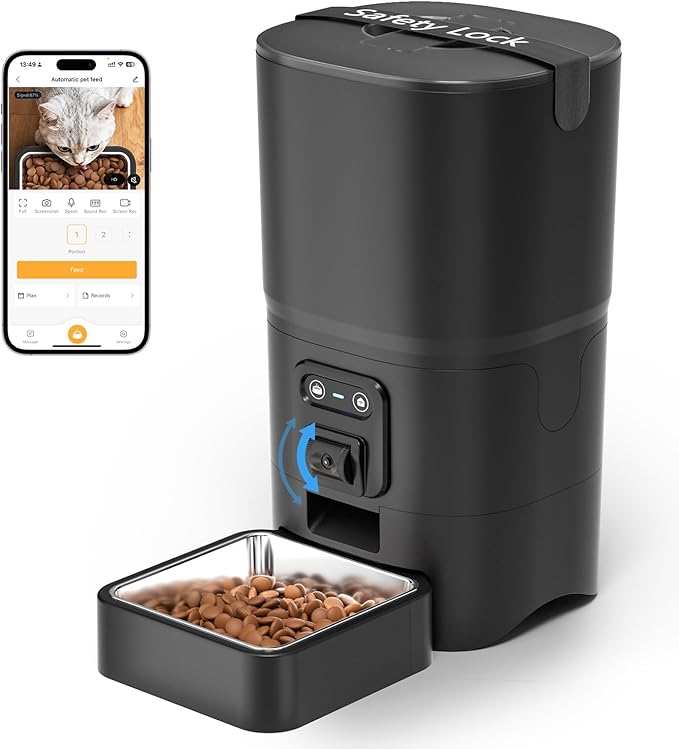 PAPIFEED Distributeur Automatique pour Chats 6L, Mangeoire Intelligente WiFi 2.4G avec Caméra et Audio Bidirectionnel, Angle Réglable, Nettoyage Facile, Programmation de 1 à 10 Repas Par Jour pour Chats et Petits Chiens - Noir