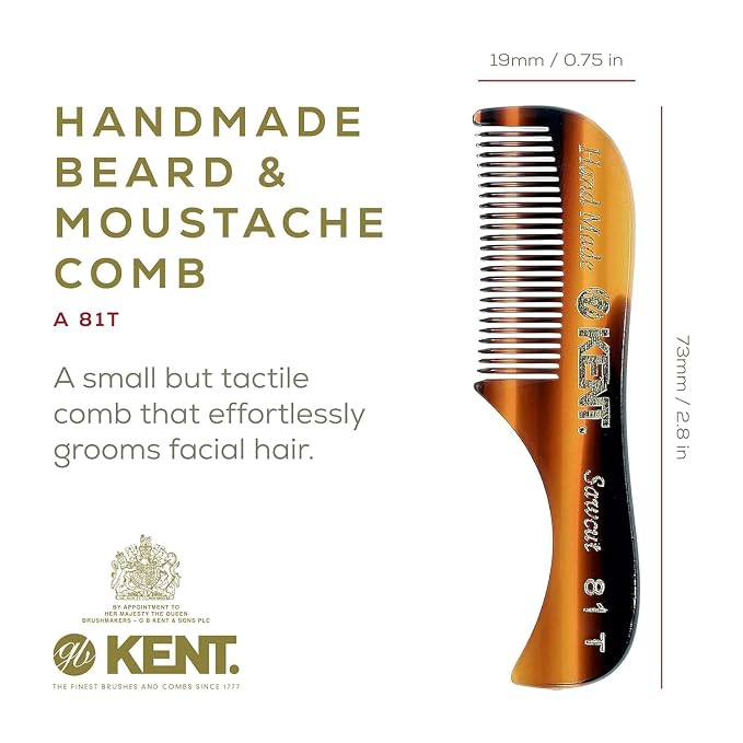 Kent Mens Beard Kit, 81T Extra Small Beard Mustache Comb, Fot All Fine Tooth Pocket Comb and PF22 Oval Palm Hair Brush. Beard and Mustache Grooming Kit for Travel and Home Beard Care. Made in England