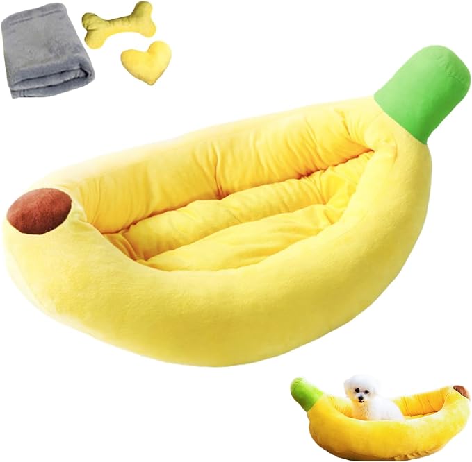 Banana Pet Bed for Small Dogs and Cats, Cozy Enclosed Calming Cave Bed with Removable Plush Cushion for Indoor Kittens Puppies Small Pets (Banana Bed + Mat + Bone Toy, X-Large)