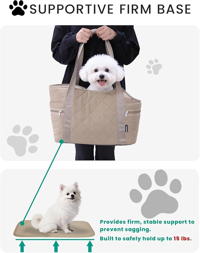 Lightweight Dog Purse Carrier for Small Dogs up to 15 lbs, Dog Tote Bag Puppy Carrier, Soft Plush Interior, Safety Leash Clip, 4 Side Pockets Dog Carrier Bag for Travel & Walking, Camel