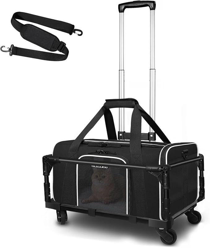 Small Pet Carrier 17"x11"x9.5" with Wheels Airline Approved, Black | for Alaska Airlines, Lockable Safety Zippers and Anti-Scratch Mesh, Pets Under 10 lbs